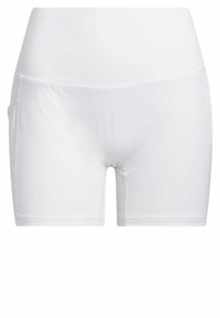 Shorts de sport blancs taille haute avec une petite poche latérale, fabriqués en tissu lisse et extensible.