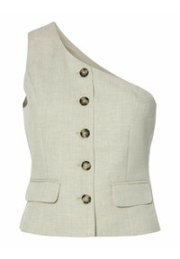 Lichtbeige een-schouder vest met een aansluitend ontwerp, voorzien van zes ronde bruin knopen en twee vo zakken. Linnen-achtige textuur.