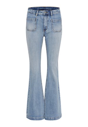 Helle blaue, weit ausgestellte Jeans aus Denim, mit hoher Taille, fünf Taschen und subtiler Ausbleichung. Saubere Nähte und standardmäßiger Saum.