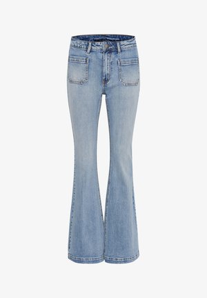 Helle blaue, weit ausgestellte Jeans aus Denim, mit hoher Taille, fünf Taschen und subtiler Ausbleichung. Saubere Nähte und standardmäßiger Saum.