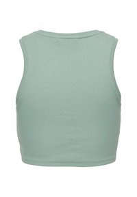 Mouwloze geribde crop top in muntgroen. Heeft een ronde halslijn en een strak ontwerp, met een gladde textuur zonder zichtbare patronen.