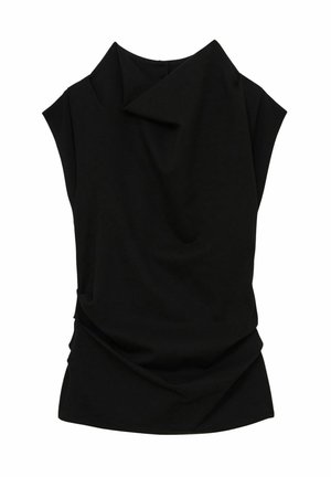 Schwarzes Oberteil mit drapiertem Design, hochgeschlossenem Kragen und kurzen Ärmeln, aus einem strukturierten Stoff mit leicht rüschigem Bündchen an der Taille.