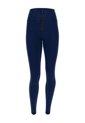 Leggings in denim blu scuro a vita alta, con una texture liscia, vestibilità slim e chiusura con zip frontale. Nessun motivo o accentuazione visibile.