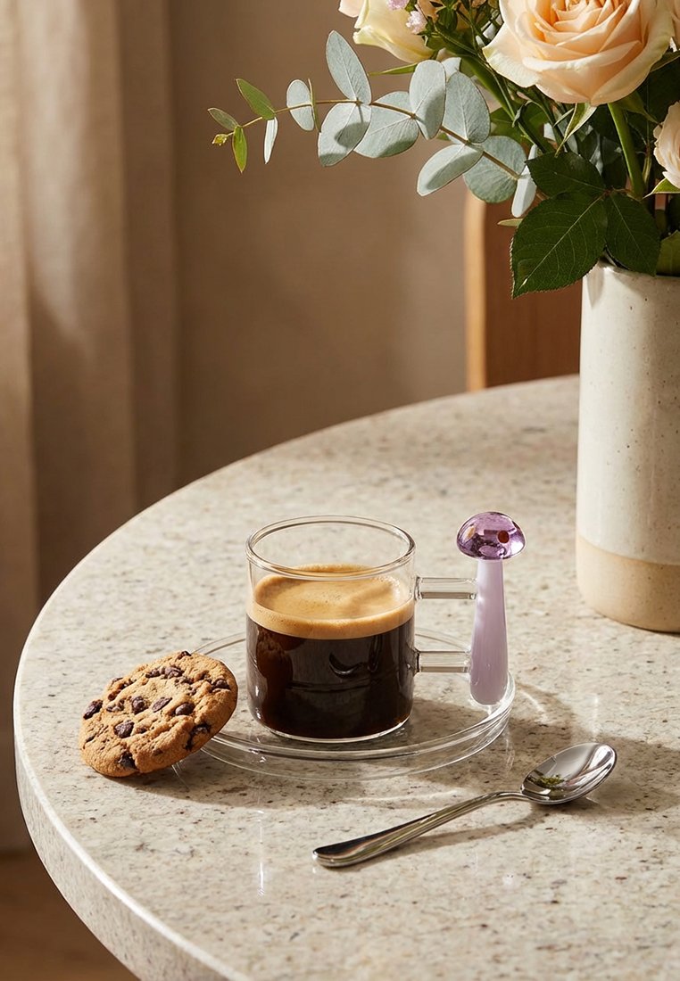 Przezroczysty szklany kubek z czarną kawą na spodku z fioletowym uchem w kształcie grzyba, ciastko z kawałkami czekolady, łyżka i wazon z bladoróżowymi różami.