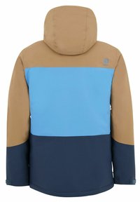 Chaqueta bloqueada por colores que presenta una capucha marrón, torso azul claro y parte inferior azul oscuro. Hecha de un suave tejido sintético con un detalle de logo.