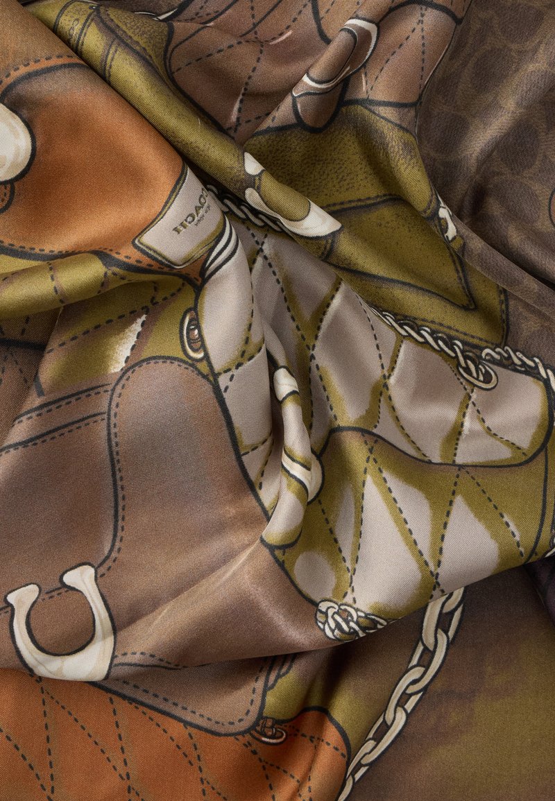 Silk scarf with a quilted pattern in rich brown and olive tones, featuring chain motifs and smooth, glossy texture.