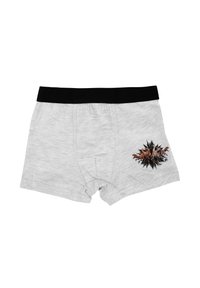 Boxer corto in cotone grigio con una fascia elastica nera e una grafica colorata di un dinosauro sul lato anteriore sinistro.