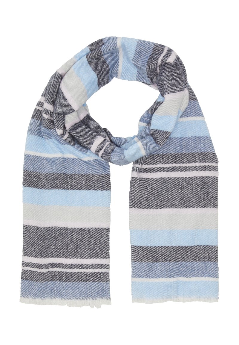 Foulard léger avec des rayures alternées de bleu clair, bleu foncé, gris et blanc. Texture douce, avec des bords effilochés.