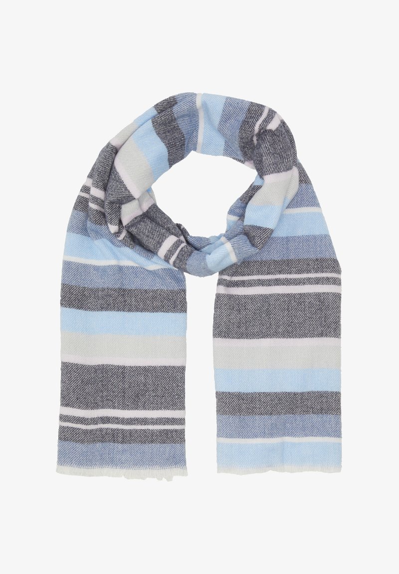 Lekki szalik z naprzemiennymi paskami w jasnym niebieskim, ciemnym niebieskim, szarym i białym kolorze. Miękka tekstura, wykończony postrzępionymi brzegami.