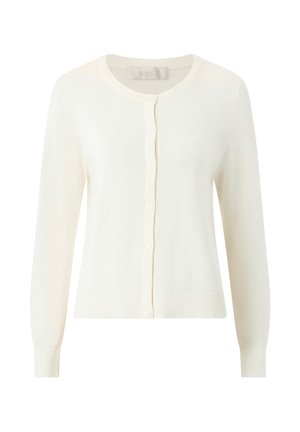 Cárdigan color crema de manga larga con cuello redondo, cierre frontal con botones y puños y dobladillo acanalados.