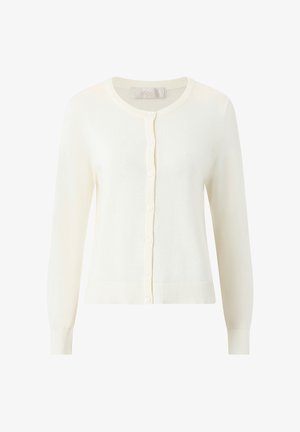 Cárdigan color crema de manga larga con cuello redondo, cierre frontal con botones y puños y dobladillo acanalados.