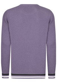 Lila gestrickter Pullover mit strukturiertem Muster, langen Ärmeln und Rippbündchen. Verfügt über gestreifte Akzente in Schwarz und Weiß am Saum und an den Bündchen.