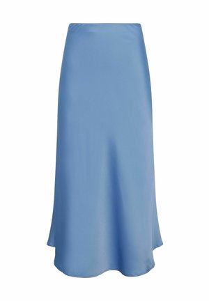 Jupe midi en satin bleu clair avec une taille ajustée et une légère évasement à l'ourlet.