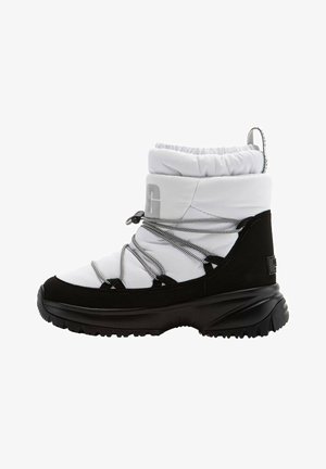Black and white winter boot features a padded upper with an elastic collar, cinch laces, and a textured rubber sole for traction.