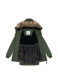 Giacca isolante verde con cappuccio foderato in pelliccia sintetica, fodera interna nera, chiusura con zip e polsini elasticizzati, con etichetta del logo interna.