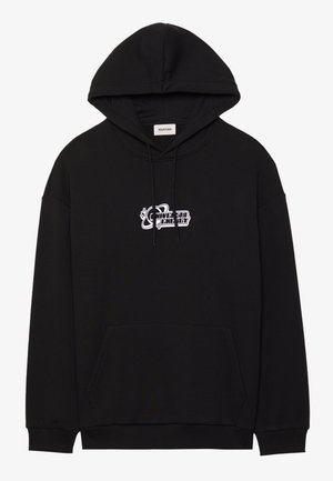 Black hoodie made of soft cotton blend, featuring a front pocket, drawstring hood, and white graphic text logo on chest.