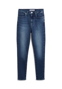Dunkelblaue Slim-Fit-Jeans aus Denim mit leichter Ausbleichung, Fünf-Taschen-Design, Gürtelschlaufen und Metallknopfverschluss.