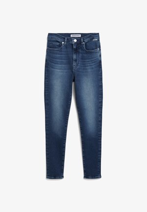 Donkerblauwe slim-fit spijkerbroek van denim, met lichte vervaging, vijf zakken, riemlussen en een metalen knoopsluiting.