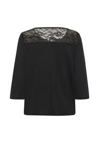 Haut noir avec des manches trois-quarts, présentant un détail en dentelle le long de l'encolure arrière. Texture lisse et coupe décontractée.