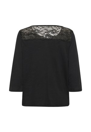 Black top with three-quarter sleeves, featuring a lace detail along the back neckline. Smooth texture and relaxed fit.