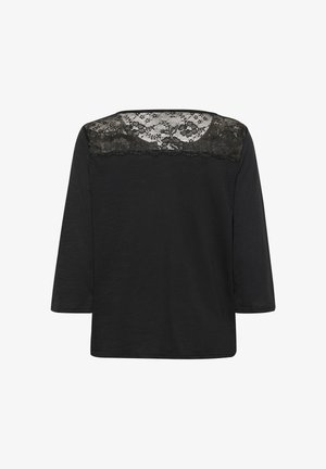 Black top with three-quarter sleeves, featuring a lace detail along the back neckline. Smooth texture and relaxed fit.