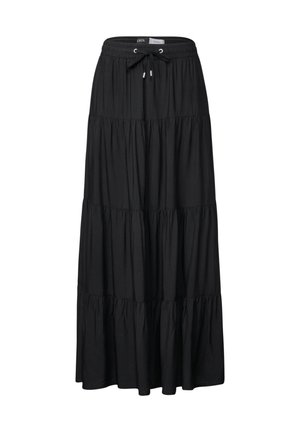Falda maxi negra de capas hecha de una tela suave; presenta una cintura elástica con cordón y costuras horizontales para mayor textura.