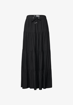Czarna, warstwowa spódnica maxi wykonana z miękkiego materiału; posiada elastyczny pas z sznurkiem do regulacji oraz poziome szwy dla dodatkowej tekstury.