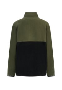 Fleecejacke mit grünem Oberteil und schwarzem Unterteil, ausgestattet mit einem Stehkragen und langen Ärmeln, glatte Textur.