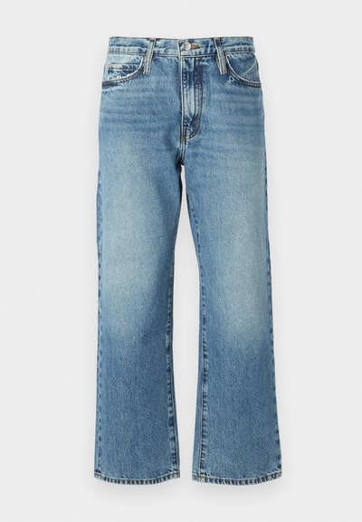 Light blue denim jeans with a wide-leg design, five pockets, and a button closure. Fabric features subtle fading and a classic texture.