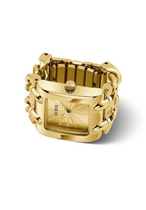 Reloj de pulsera Guess en tono dorado con esfera cuadrada, pulsera de cadena enlazada y esfera minimalista sin números sobre fondo blanco.