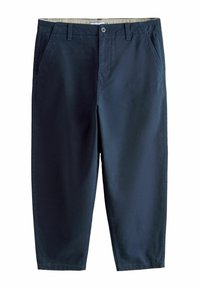 Navy blue cotton chinos with a straight-leg design, side pockets, button closure, and subtle stitching details. Short length.