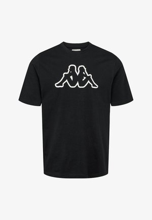 Crna pamučna majica s velikim bijelim grafičkim prikazom dviju apstraktnih figura koje sjede leđima okrenute jedna drugoj. Klasičan dizajn majice s kružnim izrezom.