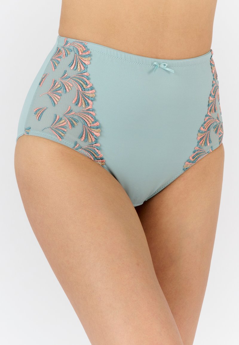 Hoge taille lichtblauwe panties met roze en blauwe bloemenborduursel aan de zijkanten en een klein strikje in het midden van de tailleband aan de voorkant.