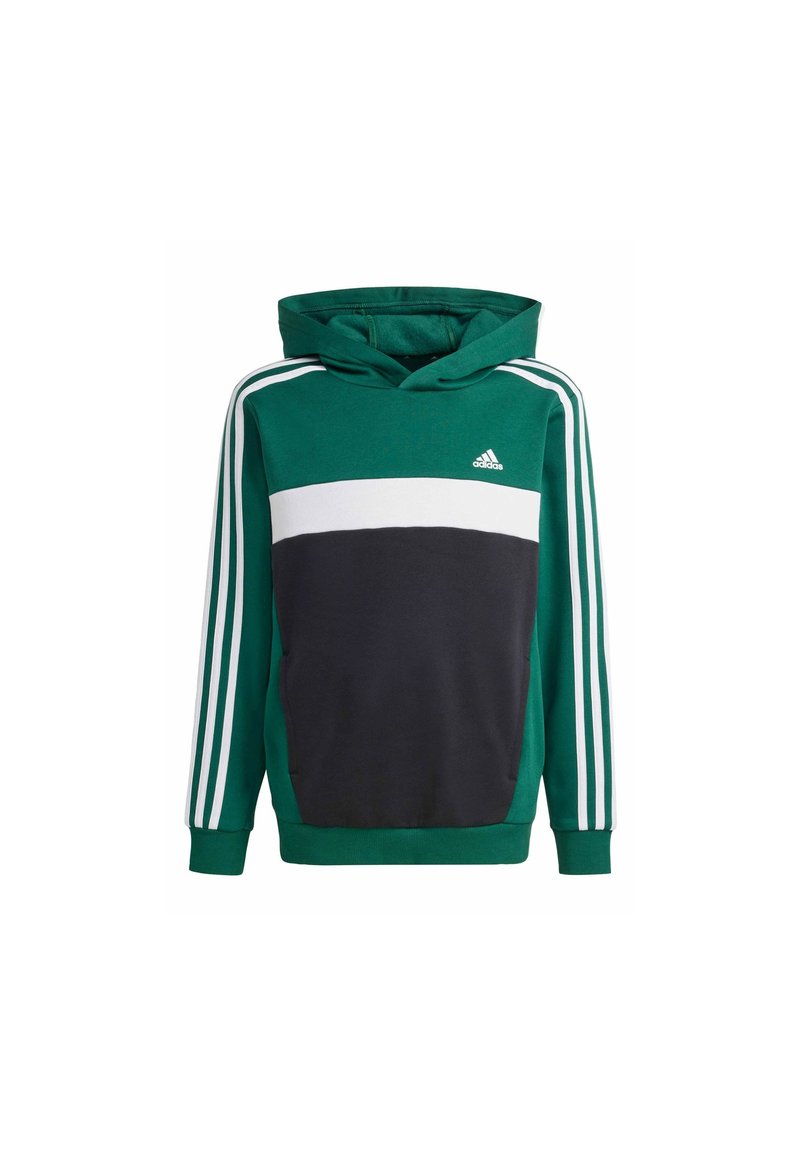 Sudadera verde con rayas horizontales blancas y negras, de mangas largas, con bolsillo canguro y tres rayas blancas en los laterales. Hecha de tela suave.