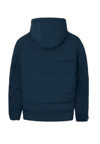 Giacca piumino blu navy con cappuccio, motivo a cuciture verticali, polsini elasticizzati e orlo dritto. Texture liscia con dettagli hardware minimi.