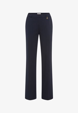 Pantalon droit de couleur marine avec passants pour ceinture et un petit charm en or sur le côté droit près de la taille.