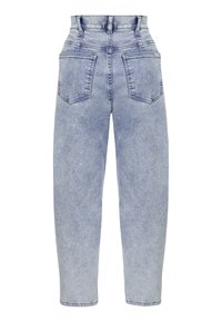 Jeans in denim azzurro chiaro a vita alta con un design a gamba dritta, dotati di due tasche posteriori e lievi segni di usura, texture liscia.