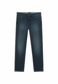 Mørke denim jeans med lige pasform, der har en knaplukning, fem lommer og let tørring for tekstur.
