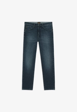 Σκούρες τζιν παντελόνες με ίσια γραμμή, διαθέτουν κλείσιμο με κουμπί, πέντε τσέπες και ελαφριά φθορά για υφή.