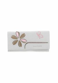 Portefeuille gris clair en cuir avec un motif floral brun et rose, comportant un papillon. Inclus un nom de marque embossé à l'avant.