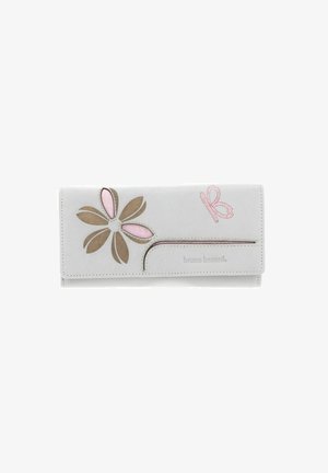 Portefeuille gris clair en cuir avec un motif floral brun et rose, comportant un papillon. Inclus un nom de marque embossé à l'avant.