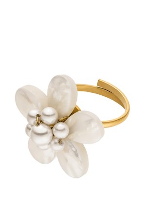 Gold open ring with a white flower design made of pearly petals and clustered round pearl beads at the center.