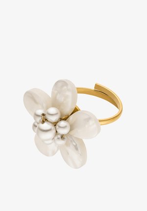 Gold open ring with a white flower design made of pearly petals and clustered round pearl beads at the center.
