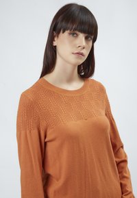 Kastanienbrauner Pullover mit einem strukturierten Strickmuster an der Passe, weichem Stoff und geripptem Halsausschnitt. Lange Ärmel, lockere Passform.
