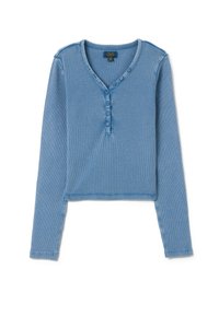 Blaues, langärmliges, geripptes Henley-Oberteil mit V-Ausschnitt, drei-Knopf-Leiste und verkürztem Schnitt. Weiches Material und figurbetonte Silhouette.