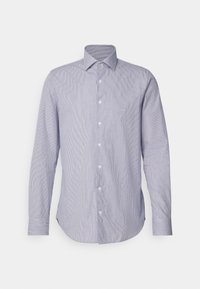 Camicia a maniche lunghe a righe blu chiaro e bianche con colletto a bottoni, bottoni frontali e orlo curvo. Tessuto morbido.
