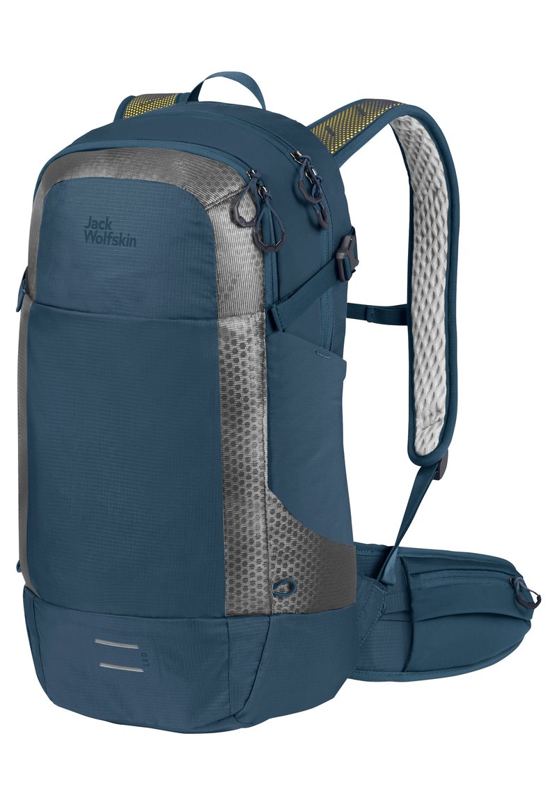 Zaino con un'estetica blu navy, accenti in argento, tessuto testurizzato, spallacci imbottiti, numerosi zip e una rete per la ventilazione.