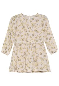 Blumenkleid in hellbeige mit gelben und blauen Blumenmustern. Lange Ärmel, runder Ausschnitt, tailliert und mit einer tropfenförmigen Aussparung auf der Rückseite.