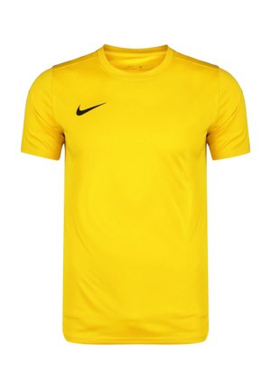 Jasnożółta sportowa koszulka z krótkim rękawem z czarnym logo Nike swoosh na prawej piersi, okrągłym kołnierzem i gładkim materiałem.