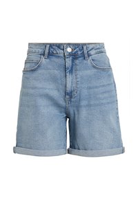 Calções de ganga de cor azul clara, com cintura alta, barras dobradas, cinco bolsos e fecho por botão na parte da frente.